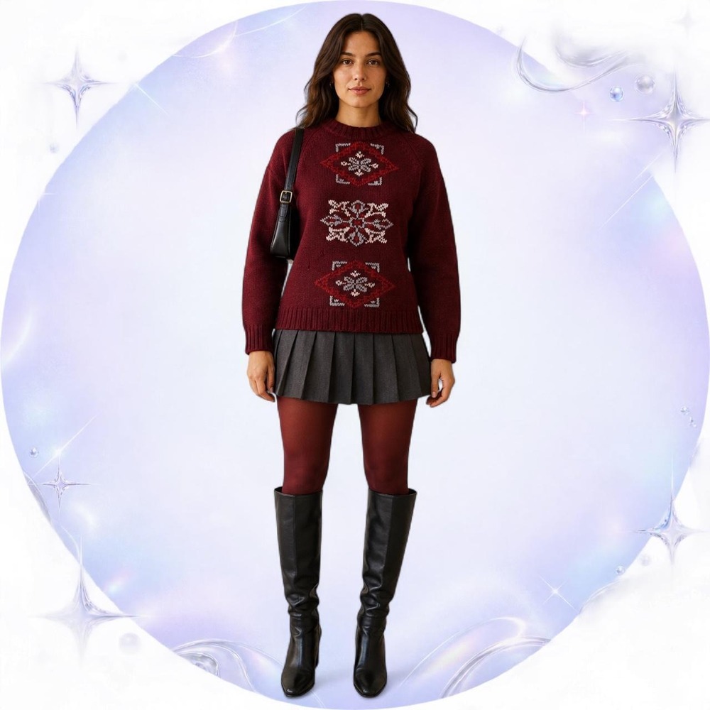 Vintage 60s 70s Italian Burgundy Wool Fair Isle Sweater S/M